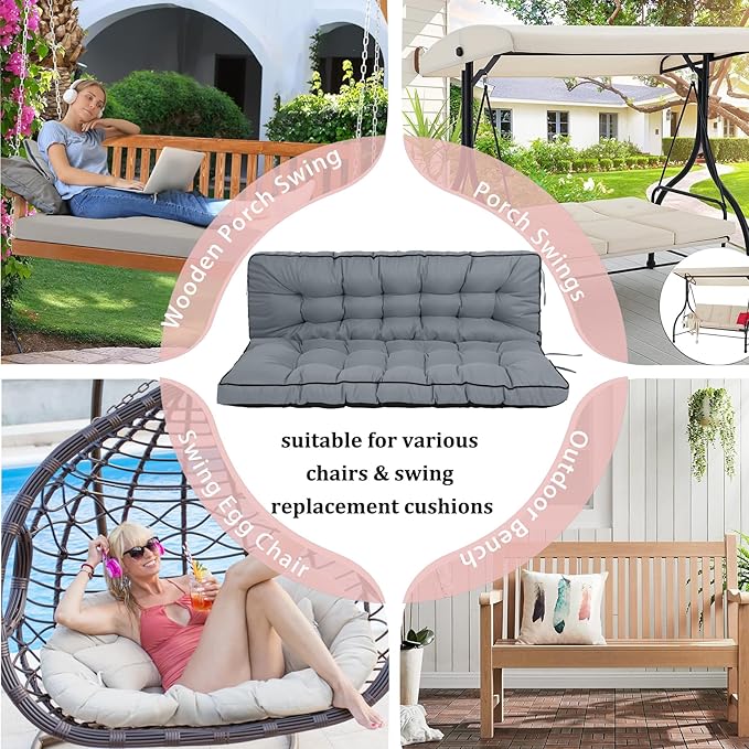 2-3 Seat Swing Replacement Cushion, Outdoor Bench Cushions with Backrest Thicken 4", Patio Furniture Garden Porch Loveseat Glider Pad Anti-Fading Waterproof (French Grey, 40x55in)