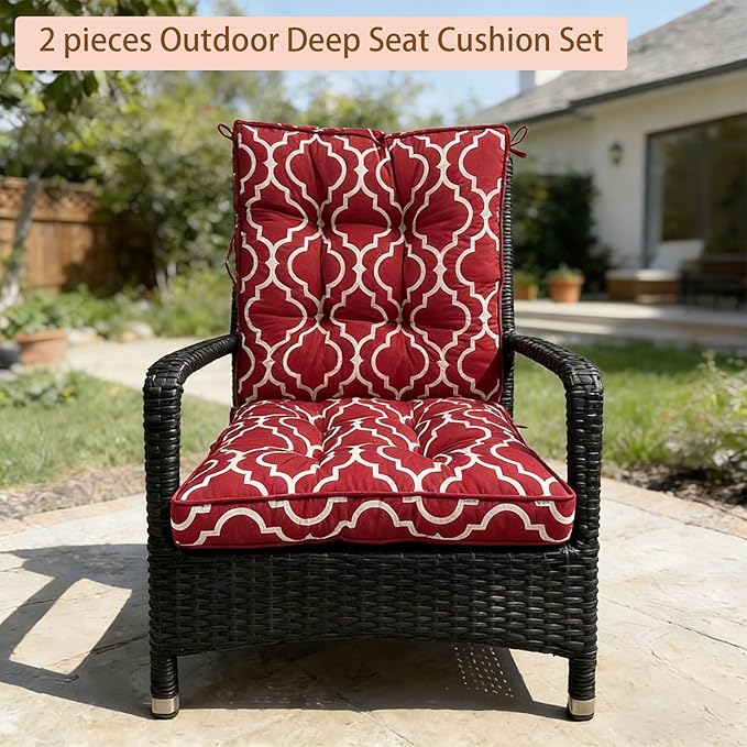 2 Piece Outdoor Patio Chair Cushions, Fade Resistant Outdoor Cushions for Patio Furniture, 6 inch Thickened Rocking Chair Cushions Set (Red Geometric Patterns, 24x24x6 inch - 2 Pieces)