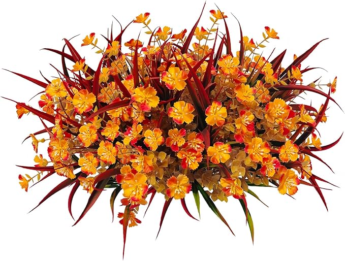 Artificial Fall Flowers Faux Mums, Autumn Outdoor Indoor Decor, Fake Daisy Plants with Eucalyptus Leaves Grass, Orange Flowers UV Resistant Greenery for Porch Patio Boxwood Home Garden, 12PCS