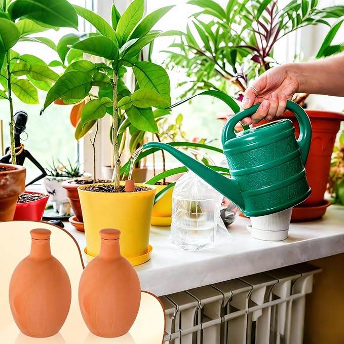 4 Pcs Large Terracotta Watering Pots 50 oz Ollas Self-Watering Pots with Lids Terracotta Watering Globes Bulk Plant Irrigation System for Indoor Outdoor Plants Garden Beds
