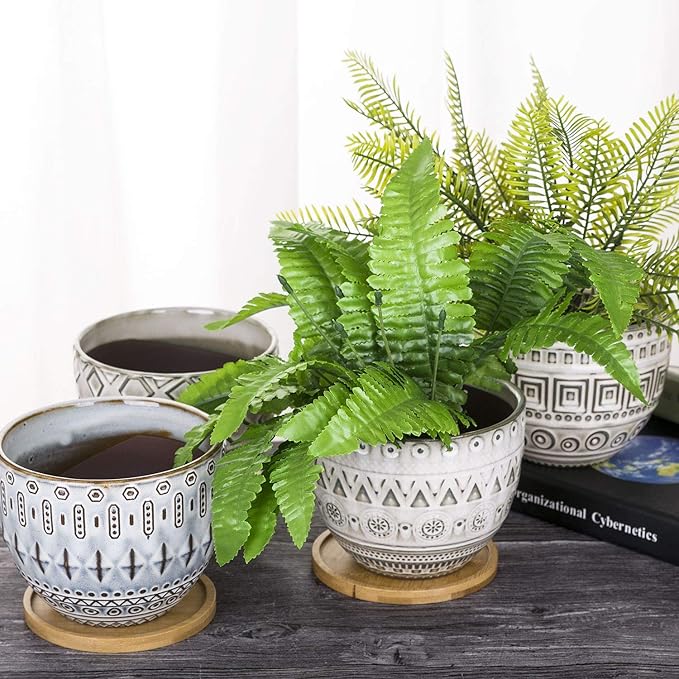 VanEnjoy 5.5 inch Large Round Bohemian Style Ceramic Planter, Geometry Engrave Off White Brown Succulent Planter Flower Pot, Indoor Outdoor Decorative Planter