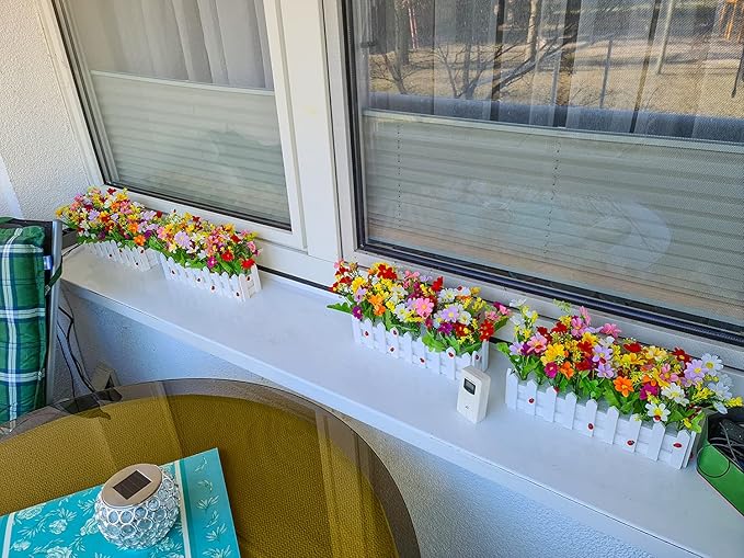 XONOR Artificial Flower Plants - Mixed Color Daisies in Picket Fence Pot for Indoor Office Wedding Home Decor, 2 Sets