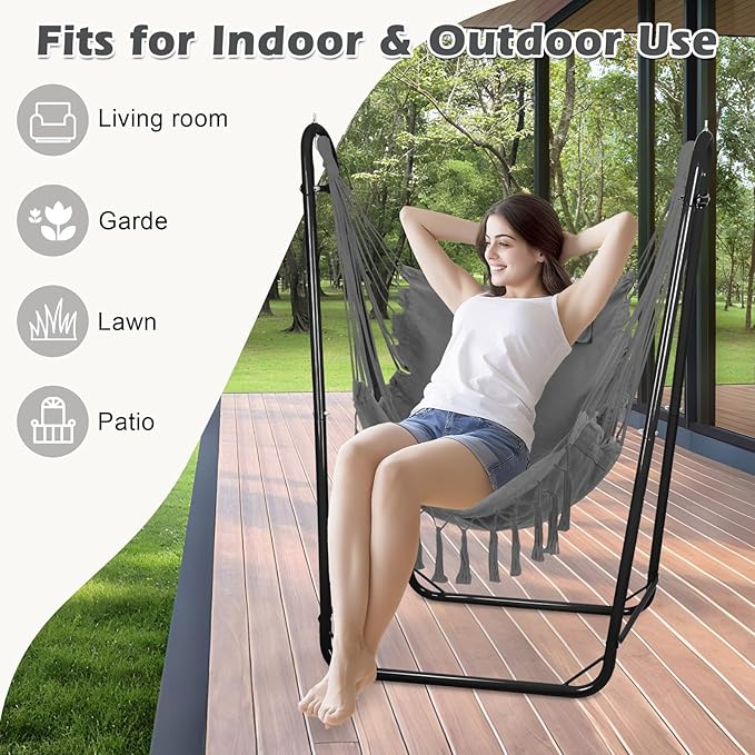 Hammock Chair with U Shape Stand, Cotton Swing Chair with Side Pocket, Heavy-Duty Metal Frame with Hanging Seat, Multi-Functional Swing Stand for Indoor and Outdoor Patio Yard Garden (Black)