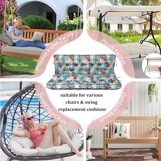 2-3 Seat Swing Replacement Cushion, Outdoor Bench Cushions with Backrest Thicken 4", Patio Furniture Garden Porch Loveseat Glider Pad Anti-Fading Waterproof (Hawaiian Flower, 40x55in)