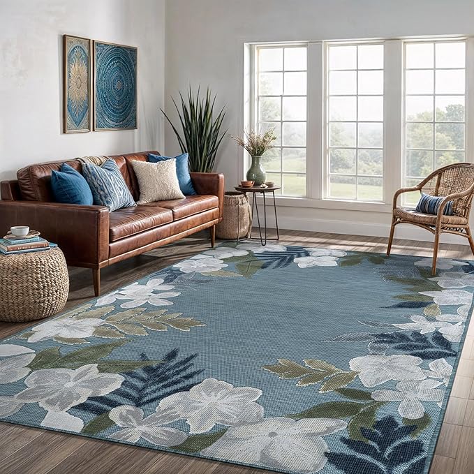 Outdoor Rug 9x12 Washable Area Rugs Indoor Outdoor Carpets Aqua Border Floral Non Shedding Waterproof Easy Clean Patio Deck Porch Living Room Bedroom Garden RV (9 X 12 Aqua)