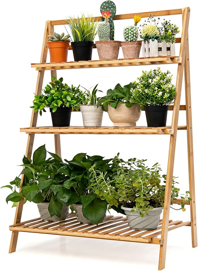 Giantex 3 Tier Folding Storage Shelf, Bamboo Ladder Plant Stand, Multiple Flower Pot Holder Succulent Display Rack, Foldable Shelving Unit for Balcony Garden Living Room Indoor Outdoor