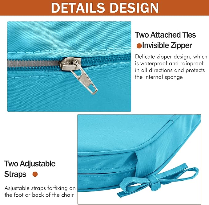 Outdoor Chair Cushions Set of 4 Water Resistant Patio Chair Cushions with Tie 3 Year Color Fastness Thick Outdoor Seat Cushion for Garden Lawn Round Corner Teal 17x16 Inch