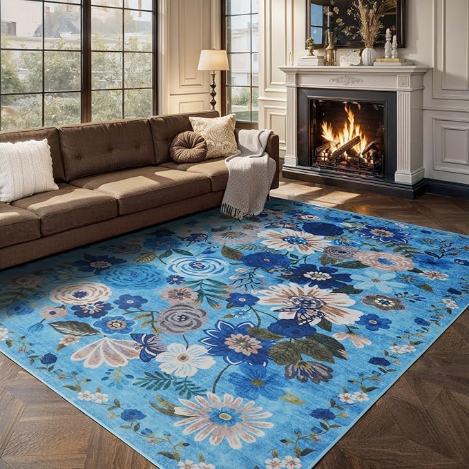 Living Room Rugs, Area Rugs 5x8 Rug for Bedroom Ultra-Thin Soft, Non-Slip Washable Rugs Stain Resistant Boho Rug Low-Pile Throw Rug for Dining Room Office (5 x 8, Blue Garden)