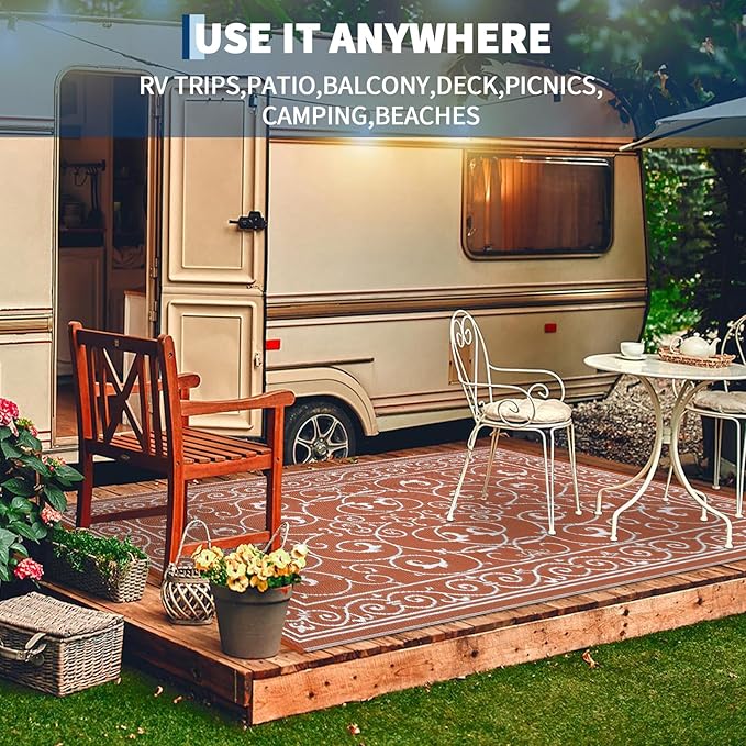 MilleLoomi Waterproof Plastic Straw Outdoor Rug 9x18 Patio Reversible UV Resistant Foldable Camping Carpet Vintage Large Outdoor Rugs for Deck, Picnic, Porch, Camper, Balcony, Beach,Orange