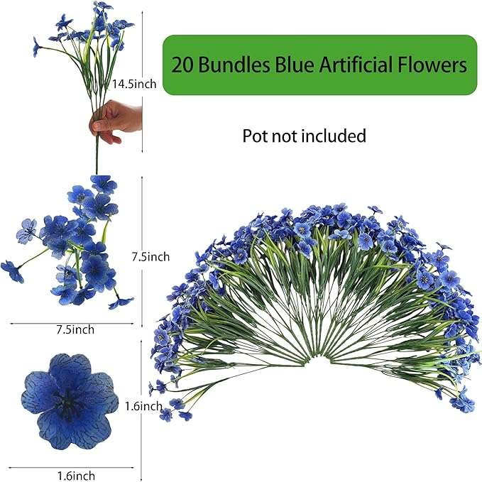 20 Bundles Artificial Flowers for Outdoors,UV Resistant Fake Flowers with Plastic Plants,Silk Faux Fowers for Outdoor Planters,Fake Realistic Flowers Window Box Front Porch Hanging Basket Decor-Blue