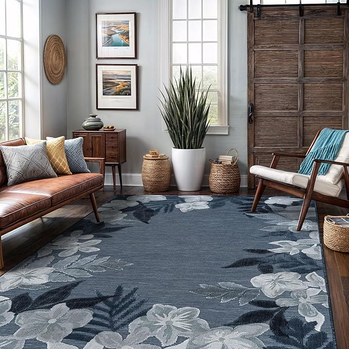 Outdoor Rug 6x9 Washable Area Rugs Indoor Outdoor Carpets Navy Border Floral Non Shedding Waterproof Easy Clean Patio Deck Porch Living Room Bedroom Garden RV (6 X 9 Navy)
