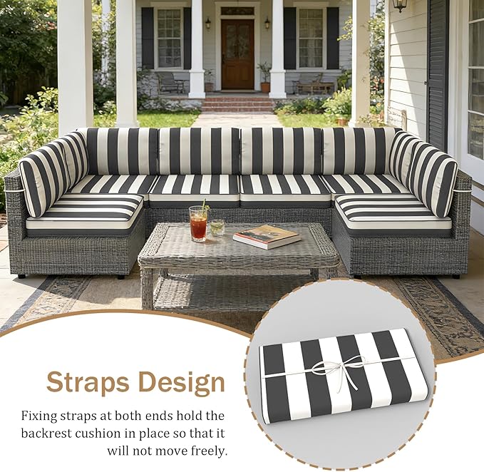 14 Pcs Outdoor Replacement Cushions for Patio Furniture, All Weather Water Resistant Cushion for 6 Seat Rattan Wicker Sectional Patio Conversation Sets and Couch (Blackstripe)