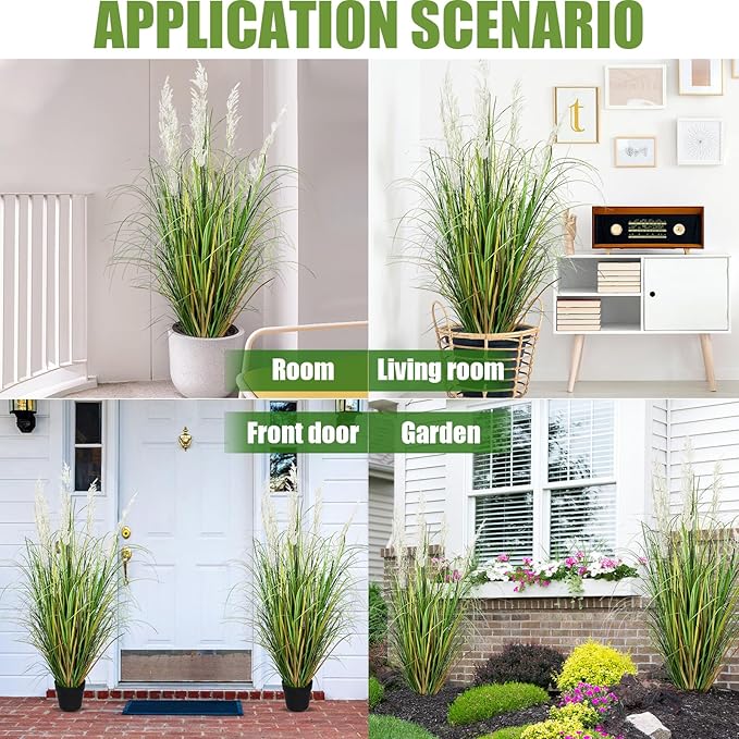 4 Pcs Tall Artificial Grass Plant 4 ft Large Fake Pampas Outdoor Faux Floor Plant in Pot UV Resistant for Housewarming Gift Front Porch Patio Garden