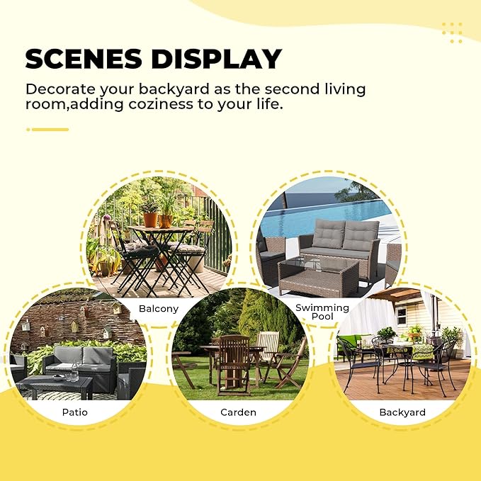 Wicker Chair Cushions, Waterproof Outdoor Loveseat Cushions for Patio Furniture, Tufted Wicker Furniture Cushions, 1 Loveseat and 2 U-Shaped Cushions, Yellow