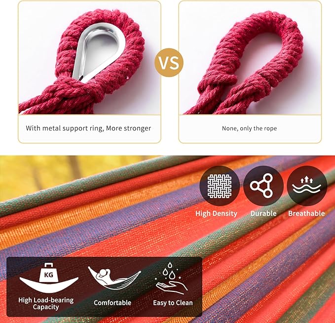 Rainbow Hammock Cotton Hammocks Comfortable Fabric Hammock with Tree Straps for Travel Patio Garden, Hanging Sturdy Hammocks Up to 660lbs Indoor/Outdoor Portable Hamacas with Travel Bag(Rainbow)