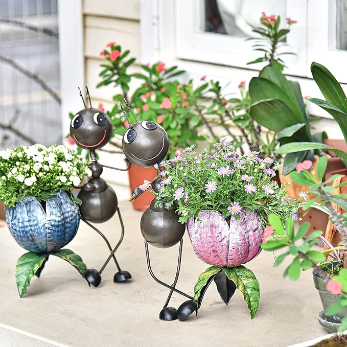Sungmor 15" Tall Ants Planter, 2PC Pink & Blue Pack, Lovely Ant Statue Metal Flowerpots, Vintage Color Painted Lifelike Decorative Garden Pots, Adorable Animal Plant Pots, Planters for Outdoor Plants
