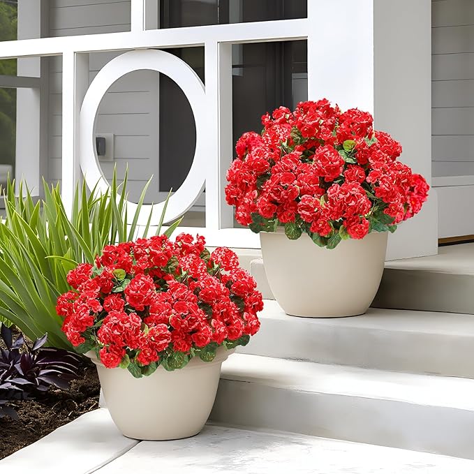 12 Pcs Artificial Geranium Flowers for Outdoors Silk Red Flower Outdoor UV Resistant Garden Plants Faux Flowers for Outdoor Planters, Front Door Garden Porch Planter Patio Balcony Yard Indoor Home