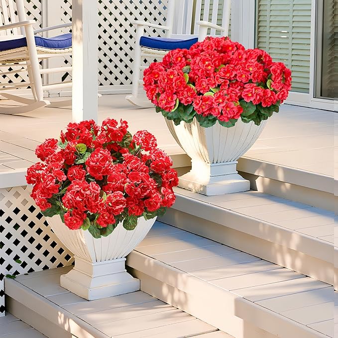 famibay Artificial Flowers for Outdoor Indoor Garden Home Decoration, 8 Bundles Silk Geraniums UV Resistant Look Real Faux Plants for Front Door Porch Planter Urn Patio Garden, Red