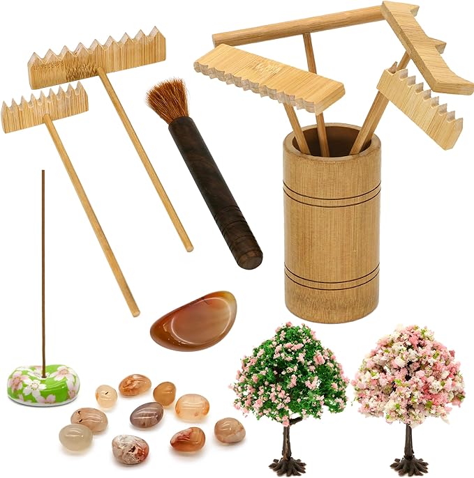 Zen Garden Rake Tool Accessories - Japanese Sand Zen Bamboo Rakes Tools Set, Office Relaxation Gifts with Healing Stones Zen Garden Decor for Man Woman Father Mother Birthday Gifts