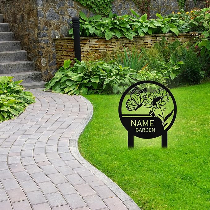 Custom Metal Garden Sign with Stake, Personalized Butterfly Flower Garden Signs for Outside, Customized Garden Name Signs for Yard Lawn Outdoor Decor Gardening Gifts for Moms Grandmas Gardeners