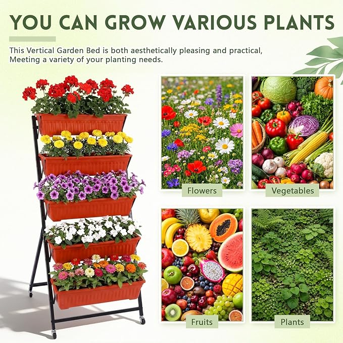 2 Set 4.5 ft Vertical Garden Planter with Lockable Wheels 5 Tier Removable Raised Bed Box for Outdoor Herb Vegetable and Flower Growing Includes Gloves and Screwdriver(Brick Red)