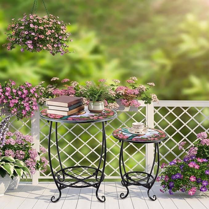 2 Pcs Outdoor Side Table Small Patio Round Mosaic Accent Indoor End Table Plant Metal Coffee Tea Tables for Patio Yard Porch Garden Living Room(12" and 16",Hummingbird Style)