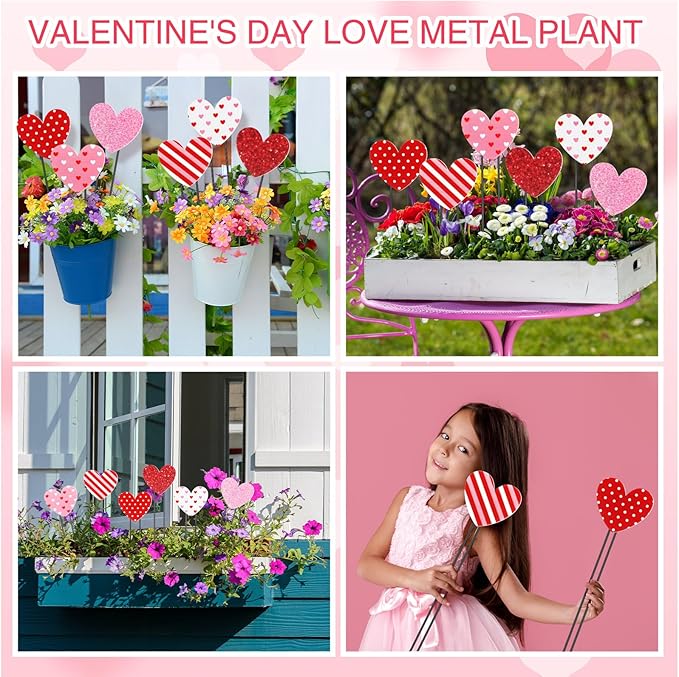 Pickmesh 6 Pcs 12" H Valentine's Day Metal Yard Sign Heart Valentine Metal Yard Stakes Barn Garden Stake for Planter Pot Walkway Pathway Outdoor Decor Lawn Decoration