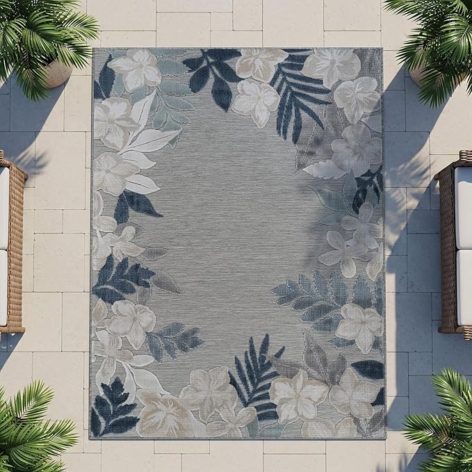 Outdoor Rug 6x9 Washable Area Rugs Indoor Outdoor Carpets Blue Border Floral Non Shedding Waterproof Easy Clean Patio Deck Porch Living Room Bedroom Garden RV (6 X 9 Blue)