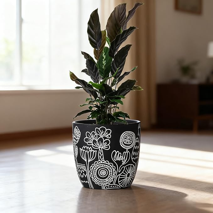 Terracotta Pots, 6.5+5+4.4 Inch Plant Pots with Drainage Hole- Floral Pattern, Black Boho Ceramic Planters for Indoor Plants, Flower Pots Indoor Succulents, Herbs Plants,Set of 3