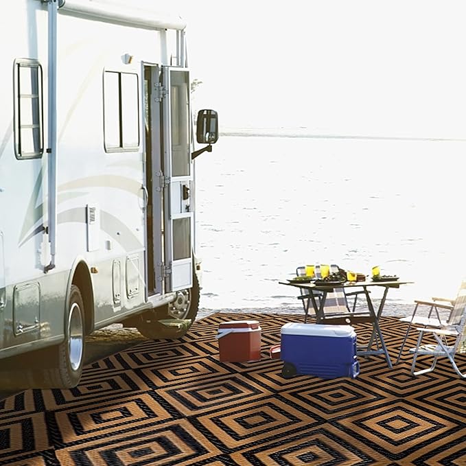 Reversible Mats, Outdoor Patio Rugs, Plastic Straw Rug, Modern Area Rug, Floor Mat for Outdoors, RV, Patio, Backyard, Deck, Picnic, Beach, Trailer, Camping (Diamond Black & Brown, 9' x 12')