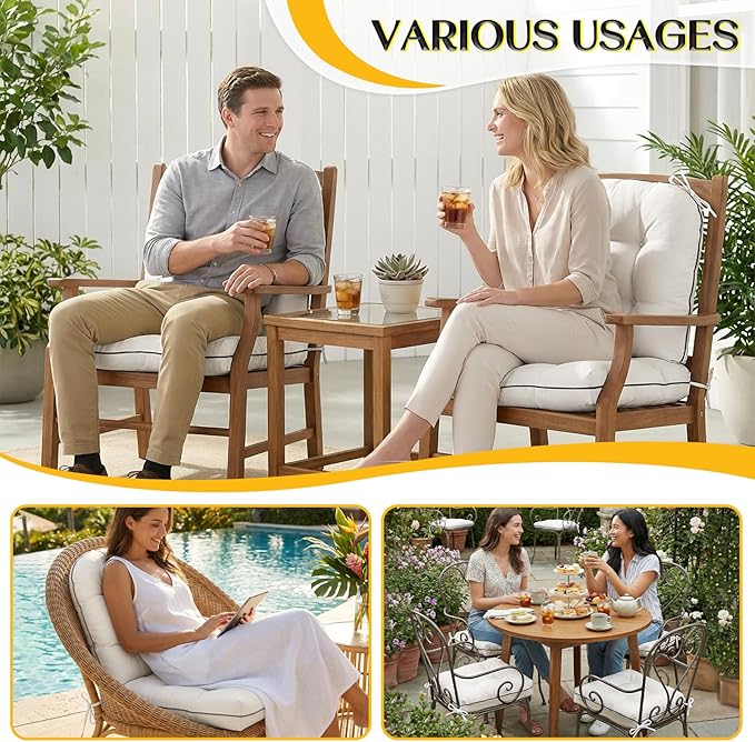 Outdoor Chair Cushions Set of 2, Outdoor Cushions for Patio Furniture and Wicker Chair, Memory Foam Patio Seat Cushion Pads with Ties, 19 x 19 Inch (Cream)