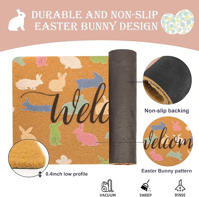 Easter Bunny Welcome Doormat Outdoor Entrance, Spring Cute Rabbit Decor Porch Front Door Mat Outside, 17"X30" Faux-Coir Seasonal Bunny-Rug, Non-Slip Dirt-Trapping for Outside Home Garden Farm