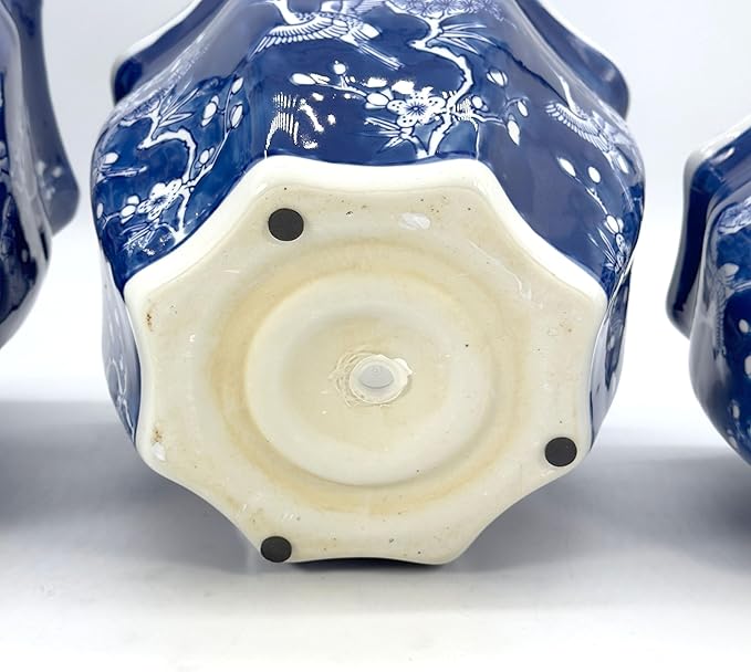 Galt International White & Blue Crane Round Fluted Floral Porcelain Ceramic Plant Flower Planter Pot Set of 3 (7.5", 10", 13") Garden Pots Chinese Asian Design