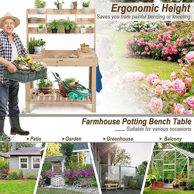 Giantex Garden Potting Bench Table, Large Workbench Table with Shelves, Openable Tabletop Hidden Storage Cabinet, 3 Hooks, Outdoor Wooden Workstation for Patio Garden Garage, 43.5"x19.5"x 60.5"