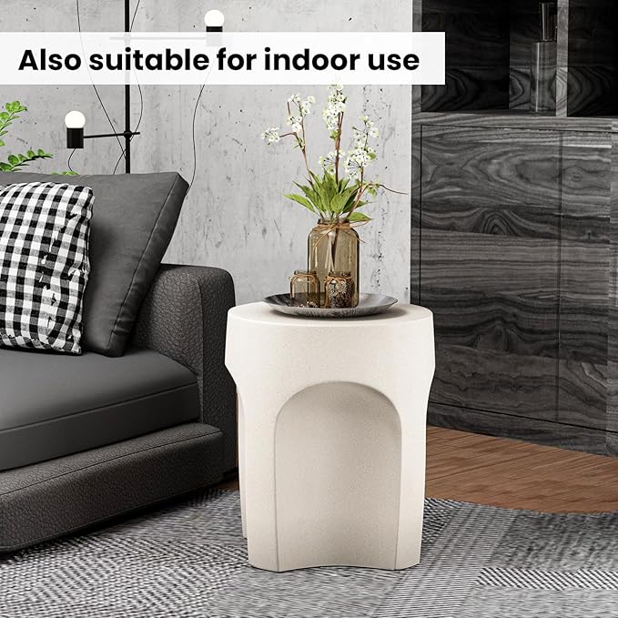 SUNBURY Outdoor Side Tables Set of 2, Concrete Accent End Table, Indoor Small Round Patio End Plant Stands Outside, Garden Stools for Yard, Arch Shape Spotted White