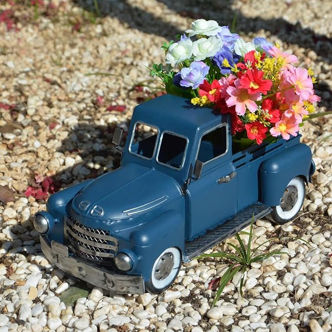 Farmhouse Blue Truck Decor, Vintage Metal Truck Table Decor, Decorative Farm Tabletop Storage & Garden Pickup Trucks Planter, Fall Coffee Desk Centerpiece & Car Model Gifts