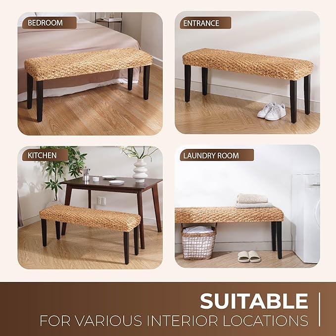 Solid Wood Acacia Indoor Bench with Natural Woven Seat, Boho Bench Entryway, Wood Bench for Living Room, Dining Benches, Wooden Bench for Bedroom, Entryway (Black Leg, Water Hyacinth)
