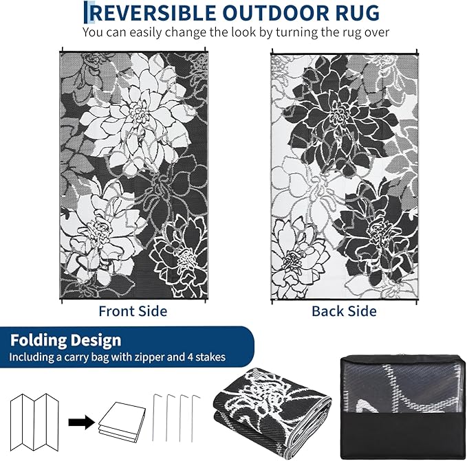 Waterproof Plastic Straw Rug 8x10 Reversible Outdoor Rug, Weather Resistant Outside Carpet, Portable RV Camping Mat with Carry Bag & Stakes for Patio Porch Garden Yard, Black