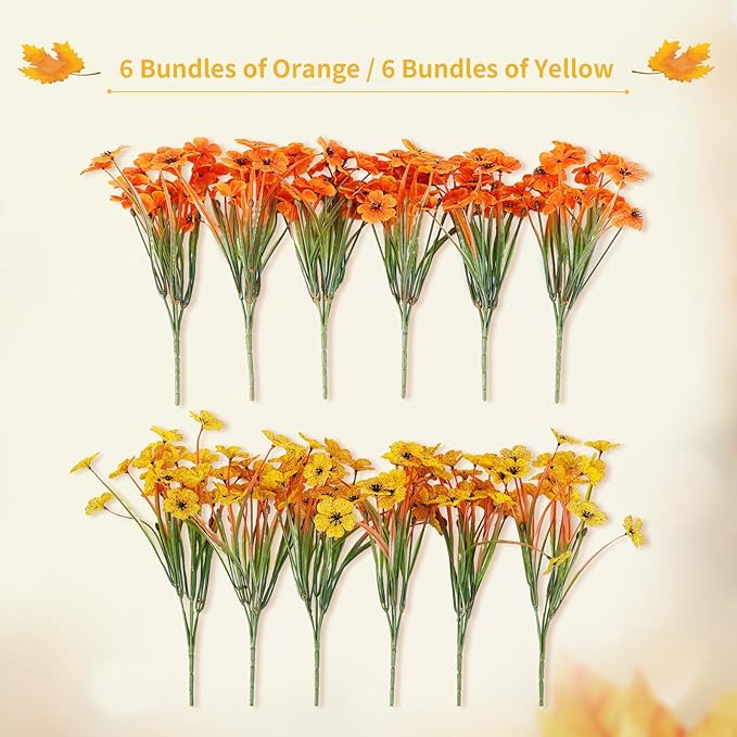 Artificial Mums Fall Fake Flowers for Outdoors, 12 Bundles Faux Mums for Outdoor Planters Autumn Decorations,UV Resistant Silk Flowers for Front Porch Garden Patio Home Decor(Fall-Orange Yellow)