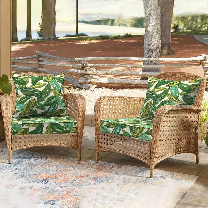 Outdoor Deep Seat Cushion Set, Water Repellent 24"x24" Patio Thick Cushions Replacement with Seat & Back Pillow for Patio Sofa, Wicker Chair, Couch - Lush Leaf Jungle