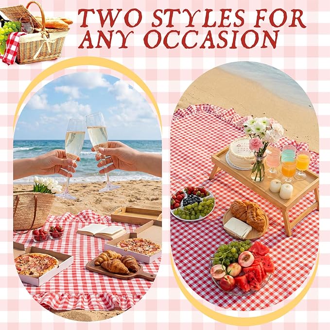 2-in-1 Extra Large Waterproof Picnic Blanket, 71x90in Dual Layers Portable Red Gingham Ruffled Mat Giant Beach Towel Yoga Leather Accessories Outdoor Camping Hiking Music Festival Pad