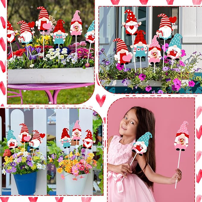 Pickmesh 6 Pcs 12 Inch Valentine's Day Metal Yard Sign Valentines Gnome Metal Yard Sign Barn Garden Stake for Planter Pot Walkway Pathway Outdoor Decor Lawn Decoration
