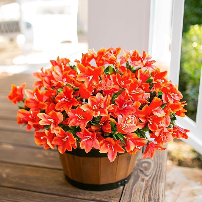 INSPRING Artificial Flowers Plants for Outdoors Spring Summer Decoration, 3 Bundles Faux Silk Azalea Flowers UV Resistant Flower Look Real for Outdoor Planters Porch Patio Garden Walkways Home, Orange