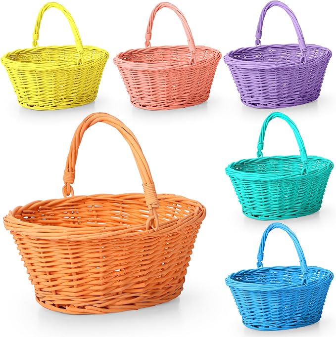 Barydat 6 Pcs Small Wicker Picnic Basket with Handle Flower Girl Baskets Oval Willow Woven Braided Gift Basket for Easter Weddings Baby Shower Home Garden Decor (Colorful,9" x 7" x 4")