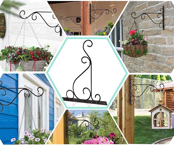 Fashion&cool Hanging Plant Brackets, Pack of 2 10 inch Iron Wall Mount Plant Hanging Hooks Metal Wall Brackets Hangers for Indoor Outdoor Planter Bird Feeder Lanterns Wind Chimes with Screws