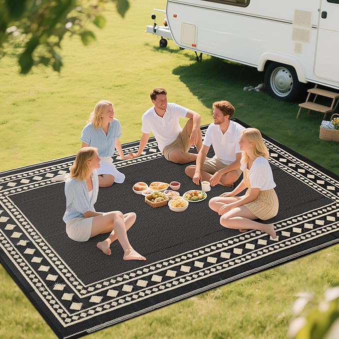 RURALITY Outdoor Rugs 5x8 Waterproof for Patios Clearance,Plastic Straw Mats for Backyard,Porch,Deck,Balcony,Black and Beige