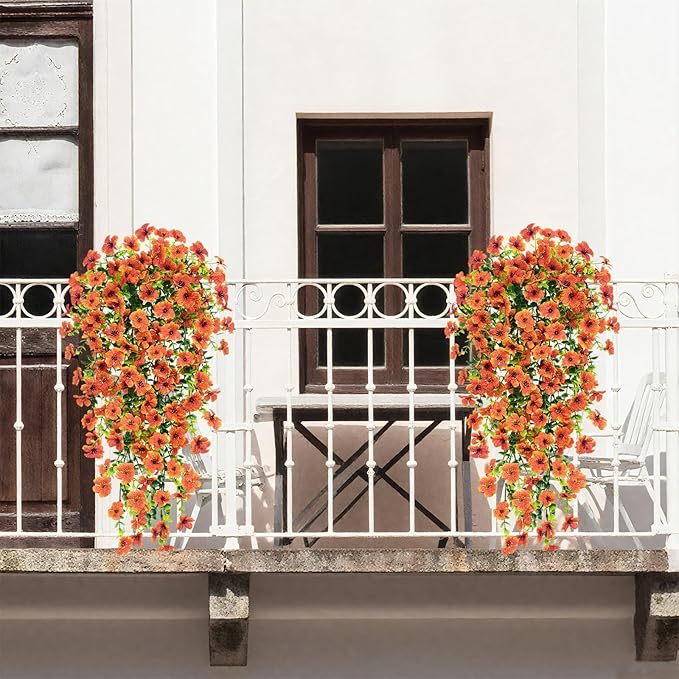 8 Pcs Outdoor Fall Decor, Fall Flowers Artificial For Decoration, Artificial Mums For Outdoors, Fake Mums Faux Mums For Outside Half Sphere, Fake Hanging Plants Plastic Flowers For Outdoors Home Porch