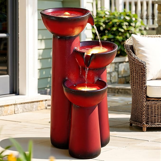27" Outdoor Water Fountain with LED Lights, 3-Tier Cascading Faux Ceramic Column Water Feature with Pump for Garden Patio Backyard, Weather-Resistant Resin Waterfall for Serene Oasis, Red