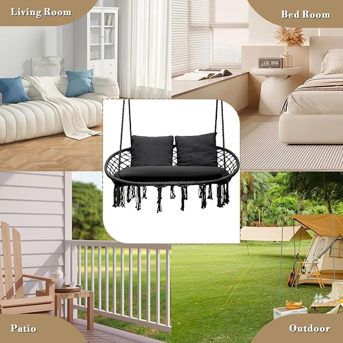 Athena Collection Hammock Swing Chair with 2 Seat, Max 700 Lbs, Outdoor Large Cotton Rope Chair Hanging Macrame Chair with 3 Soft Cushion, Swing Chair for Outdoor Indoor Patio Garden, Black