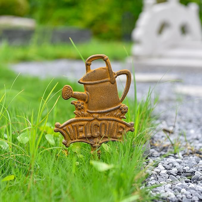 Sungmor Vintage Cast Iron Decorative Garden Stake, Rustic Welcome Yard Art Sign with Stake, 12.6" Tall Metal Watering Can Stake with Welcome Sign, Lawn Patio Backyard Outdoor Spring Decor